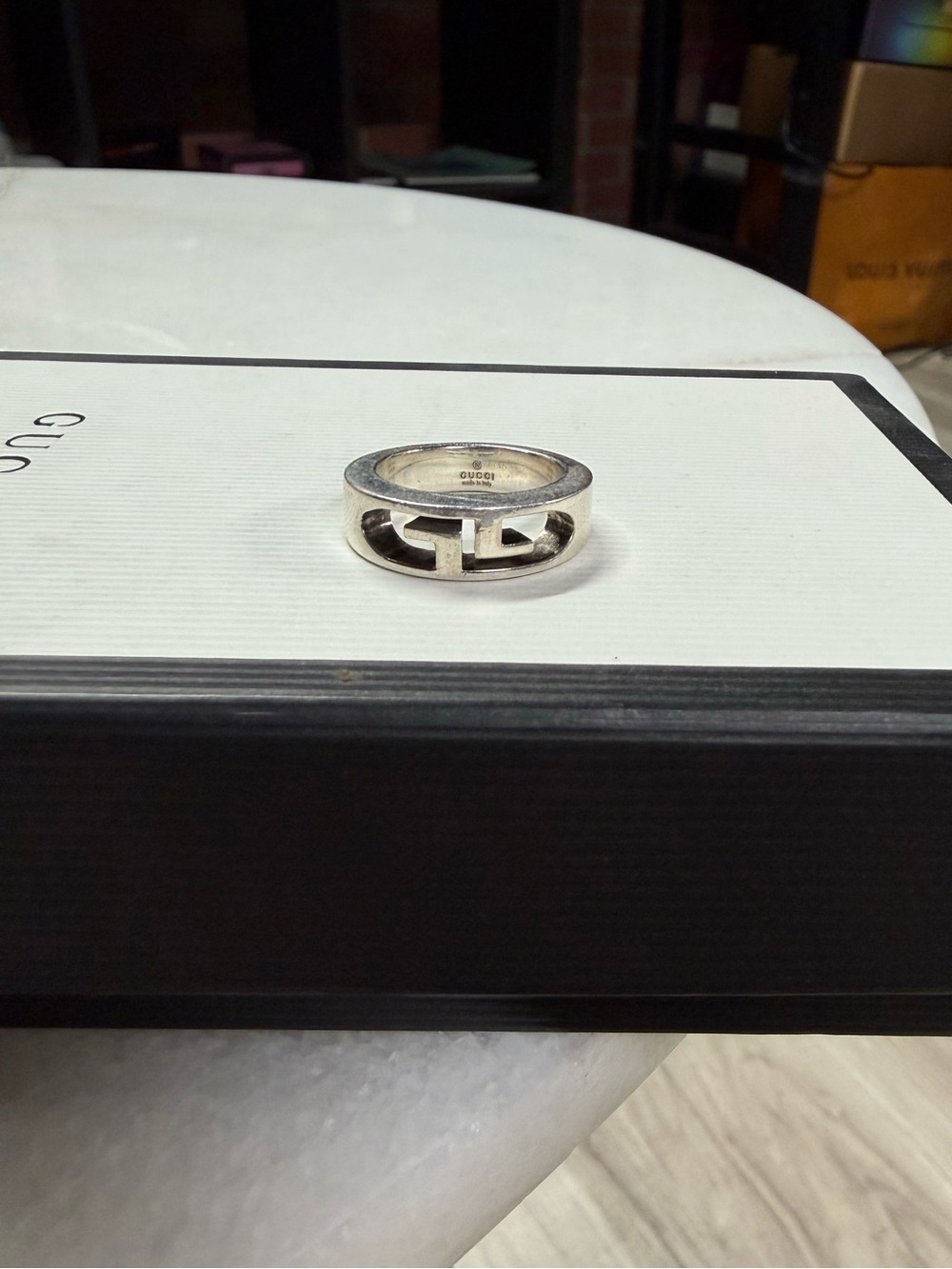 GG Monogram Silver Ring Sterling 925 Gucci Ring Size 4.5 Us